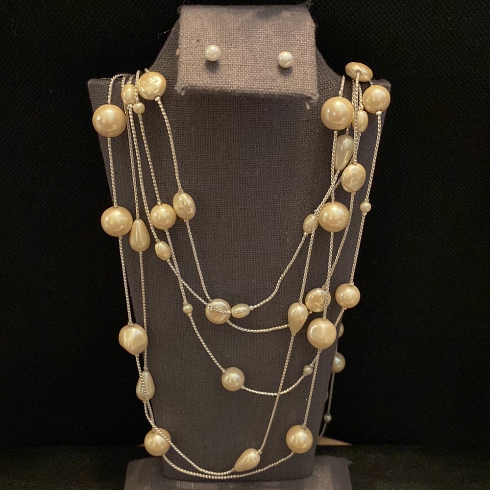 5-strand layered silver & pearl necklace with matching earrings